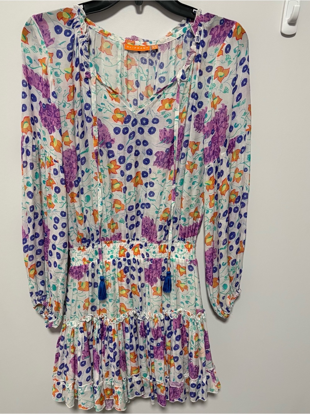 Oliphant Mini Dress Balloon Sleeve Tie Front Tassels Elastic Waistband‎ Size Xs